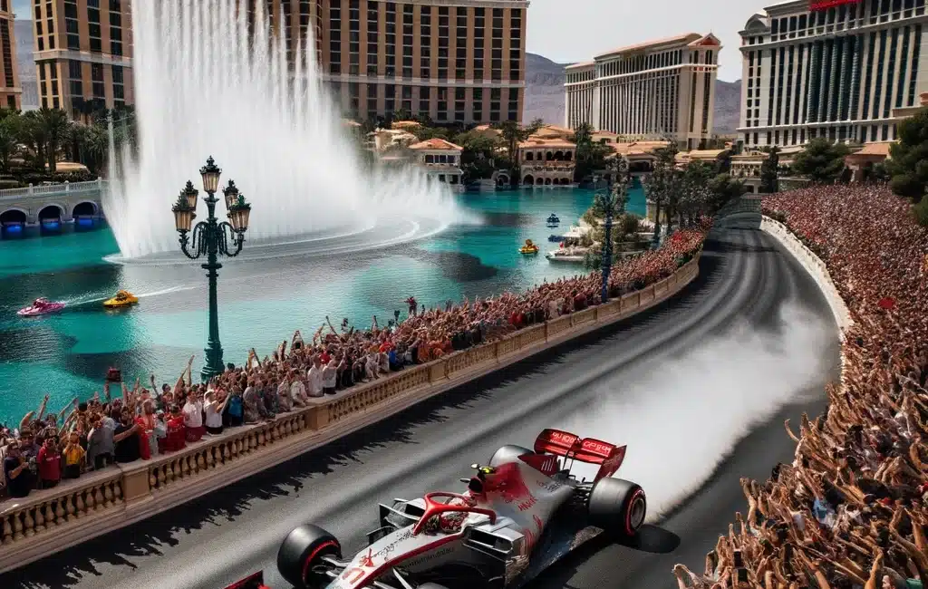F1 Racer speeding through the Las Vegas Bellagio fountains