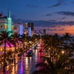 Miami waterfront and skyline at dusk with South Beach in the foreground